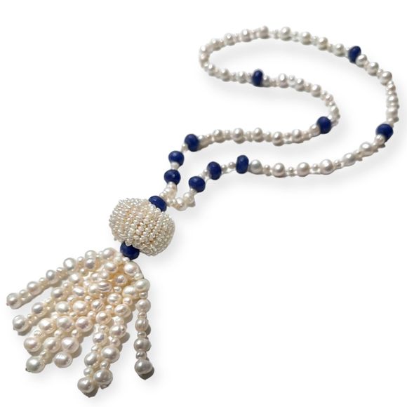 Vintage 1920’s Natural Pearl and Lapis Lazuli Long Tassel Necklace - Picture 2 of 6